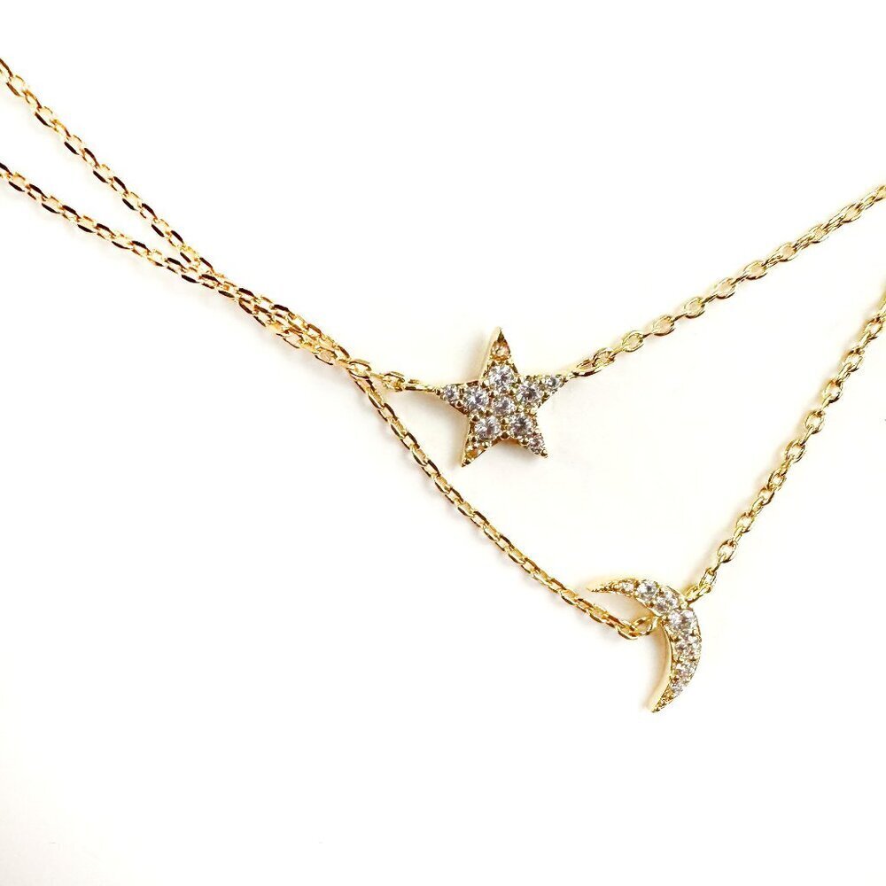 NWT Sterling Forever14K Gold Plated‎ Silver CZ Moon & Star Necklace16-18"